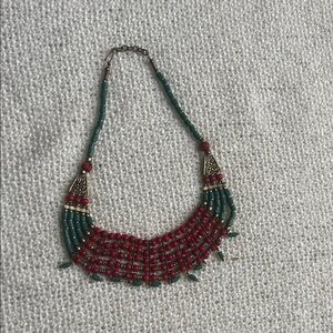 Handmade Red and Green Beaded Statement Necklace